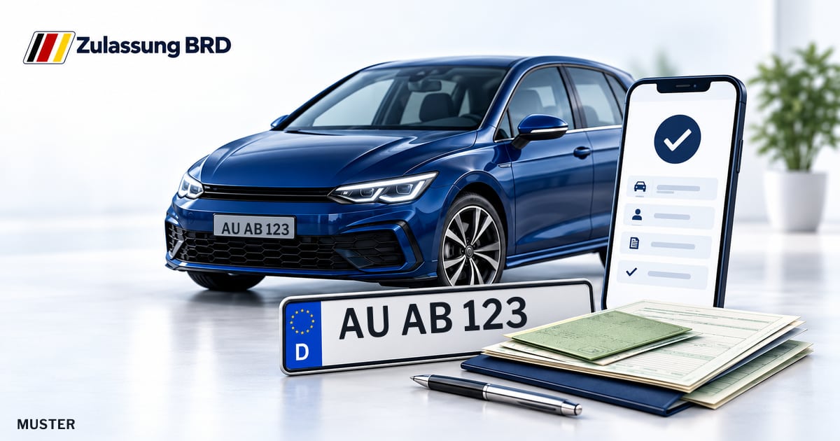 Online Fahrzeugzulassung in Annaberg-Buchholz: Musterkennzeichen AU AB 123, Auto und Fahrzeugpapiere und Smartphone. Illustration mit Logo von Zulassung BRD.